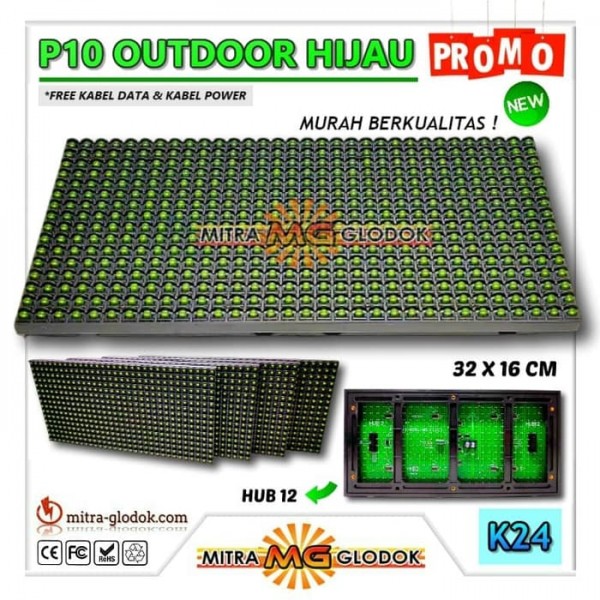 Panel Modul P10 DIP Outdoor Single Color - GREEN (Small IC) | HIJAU - 32 x 16 cm